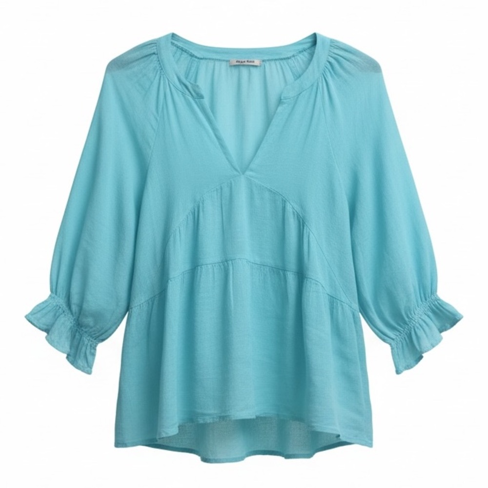 Meo Meli Linen Teal Babydoll Peasant Blouse Boho Feminine V-Neck Balloon Sleeve